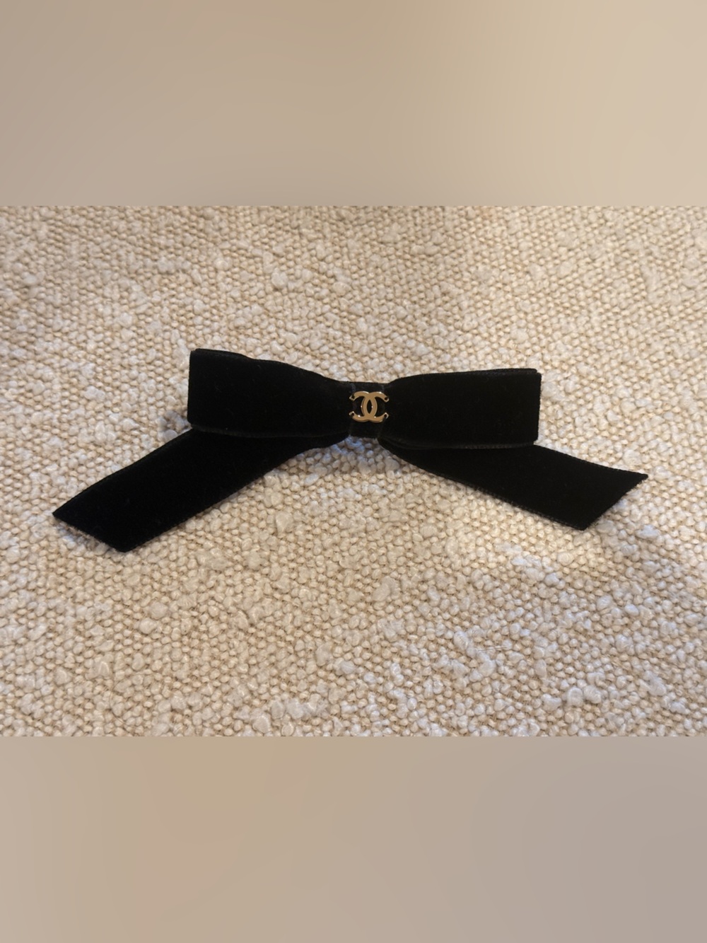 CHANEL Black Velvet Bow Hair Barrette with Gold CC Charm